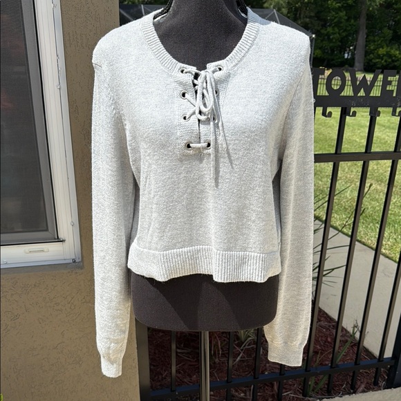 AVEC LES FILLES Gray Lace-Up Sweater Top - Picture 1 of 6